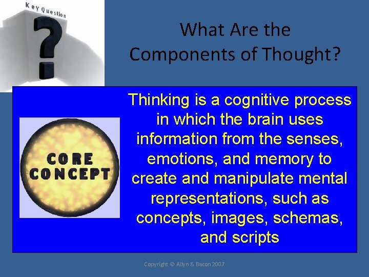 What Are the Components of Thought? Thinking is a cognitive process in which the