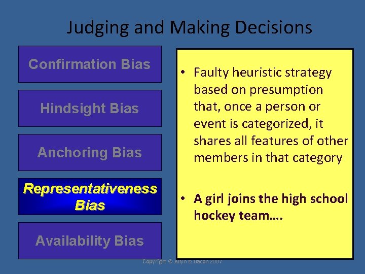 Judging and Making Decisions Confirmation Bias Hindsight Bias Anchoring Bias Representativeness Bias • Faulty