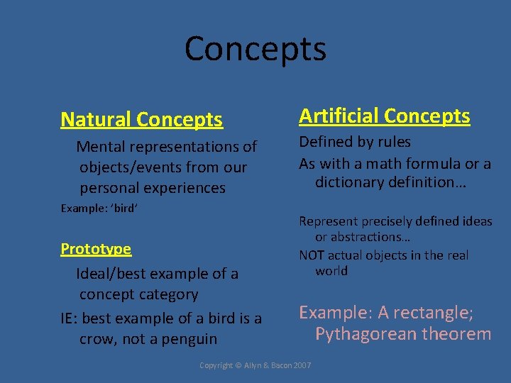 Concepts Natural Concepts Mental representations of objects/events from our personal experiences Example: ’bird’ Prototype