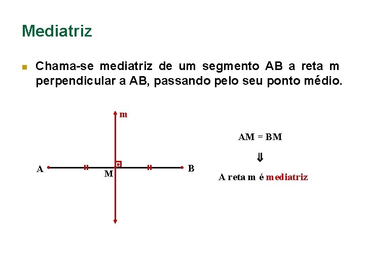 Mediatriz n Chama-se mediatriz de um segmento AB a reta m perpendicular a AB,