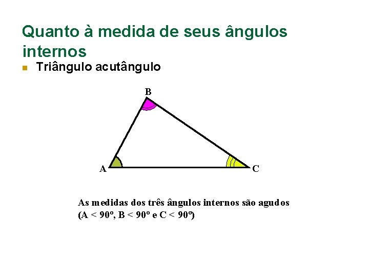 Quanto à medida de seus ângulos internos n Triângulo acutângulo B A C As