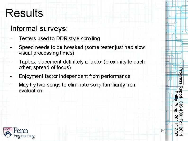 Results Informal surveys: Testers used to DDR style scrolling - Speed needs to be