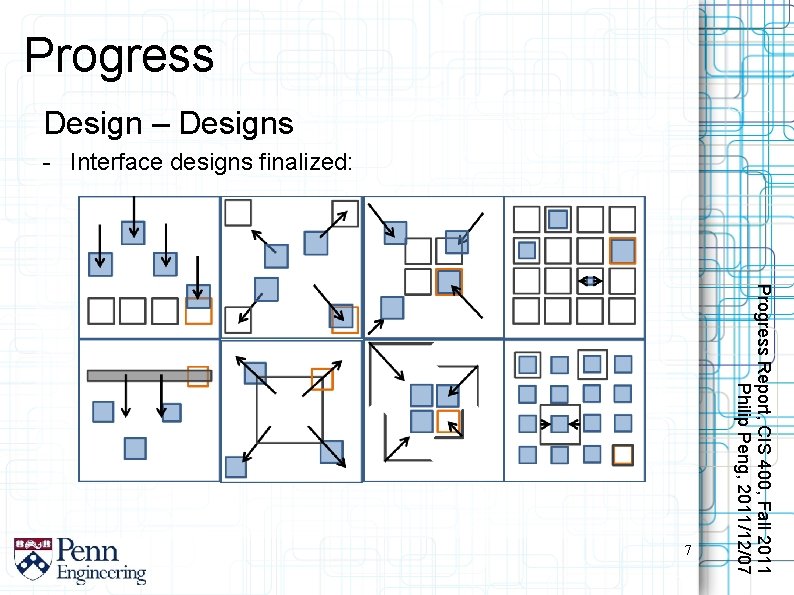 Progress Design – Designs - Interface designs finalized: Progress Report, CIS 400, Fall 2011