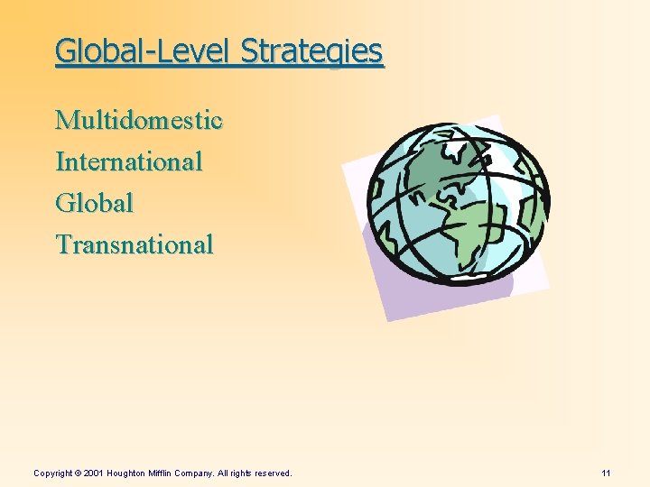 Global-Level Strategies Multidomestic International Global Transnational Copyright © 2001 Houghton Mifflin Company. All rights