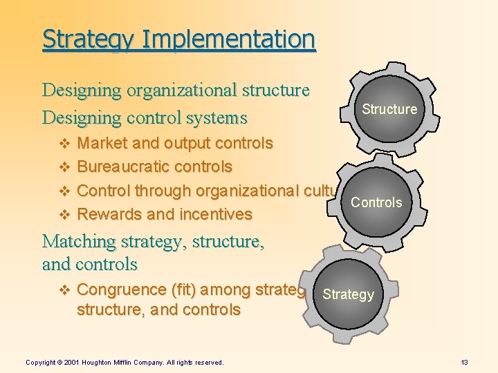Strategy Implementation Designing organizational structure Designing control systems Structure v Market and output controls