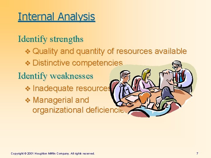 Internal Analysis Identify strengths v Quality and quantity of resources available v Distinctive competencies