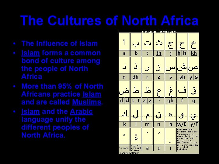 The Cultures of North Africa • The Influence of Islam • Islam forms a