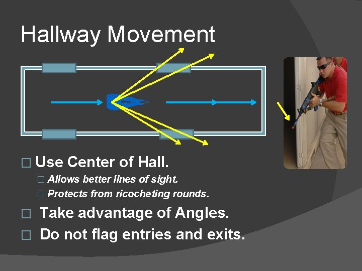 Hallway Movement � Use Center of Hall. � Allows better lines of sight. �