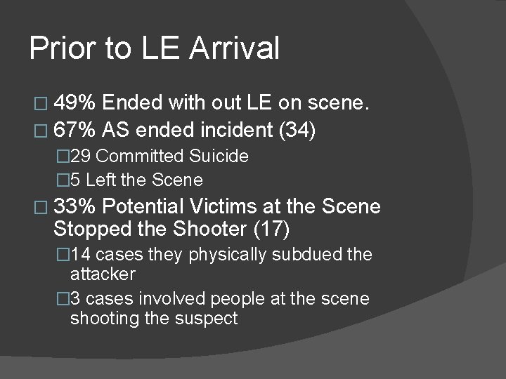 Prior to LE Arrival � 49% Ended with out LE on scene. � 67%