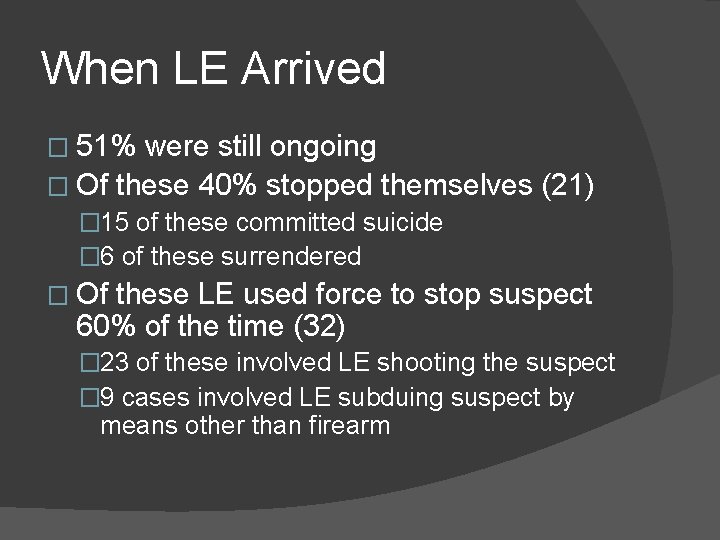 When LE Arrived � 51% were still ongoing � Of these 40% stopped themselves