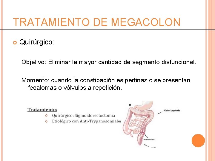 TRATAMIENTO DE MEGACOLON Quirúrgico: Objetivo: Eliminar la mayor cantidad de segmento disfuncional. Momento: cuando