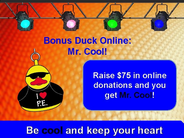Bonus Duck Online: Mr. Cool! Raise $75 in online donations and you get Mr. Bonus Duck Online: Mr. Cool! Raise $75 in online donations and you get Mr.