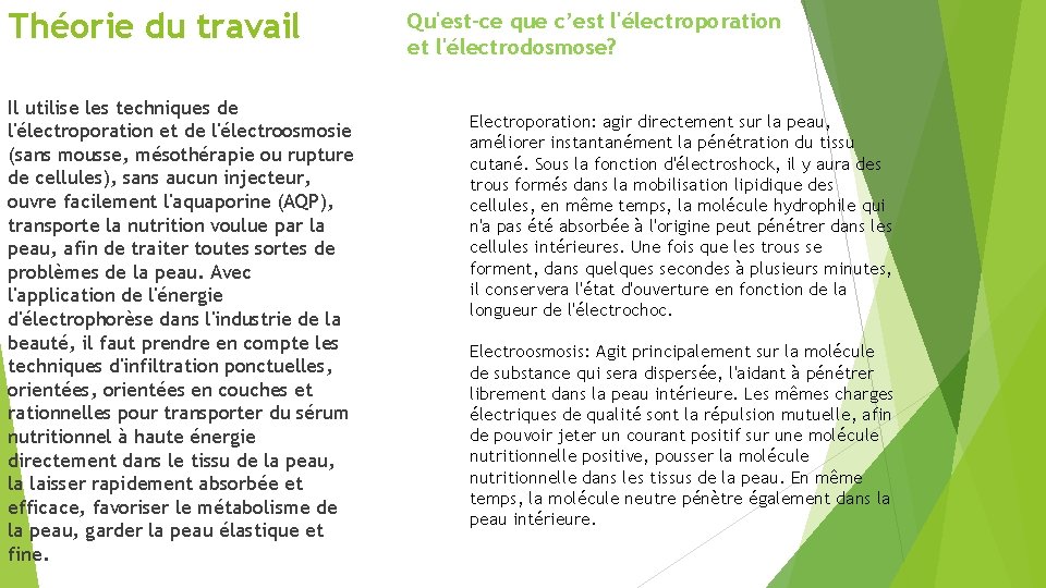 Théorie du travail Il utilise les techniques de l'électroporation et de l'électroosmosie (sans mousse,