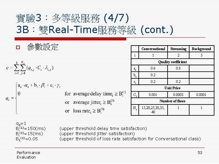 實驗 3：多等級服務 (4/7) 3 B：雙Real-Time服務等級 (cont. ) o 參數設定 i Conversational Streaming Background 1