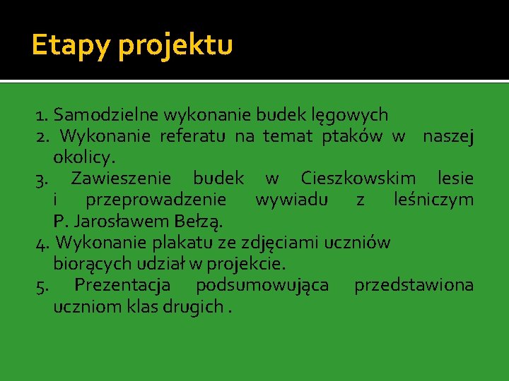 Etapy projektu 1. Samodzielne wykonanie budek lęgowych 2. Wykonanie referatu na temat ptaków w