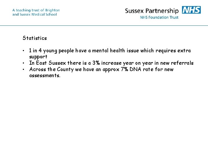 Statistics • 1 in 4 young people have a mental health issue which requires