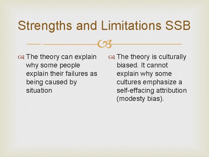 Strengths and Limitations SSB The theory can explain why some people explain their failures