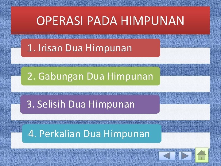 OPERASI PADA HIMPUNAN 1. Irisan Dua Himpunan 2. Gabungan Dua Himpunan 3. Selisih Dua