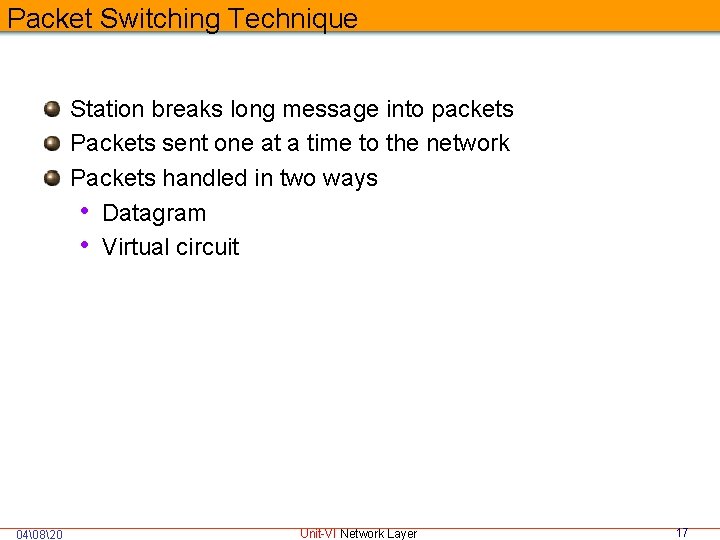 Packet Switching Technique Station breaks long message into packets Packets sent one at a