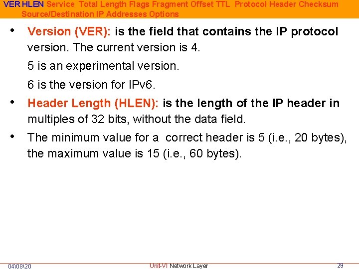 VER HLEN Service Total Length Flags Fragment Offset TTL Protocol Header Checksum Source/Destination IP