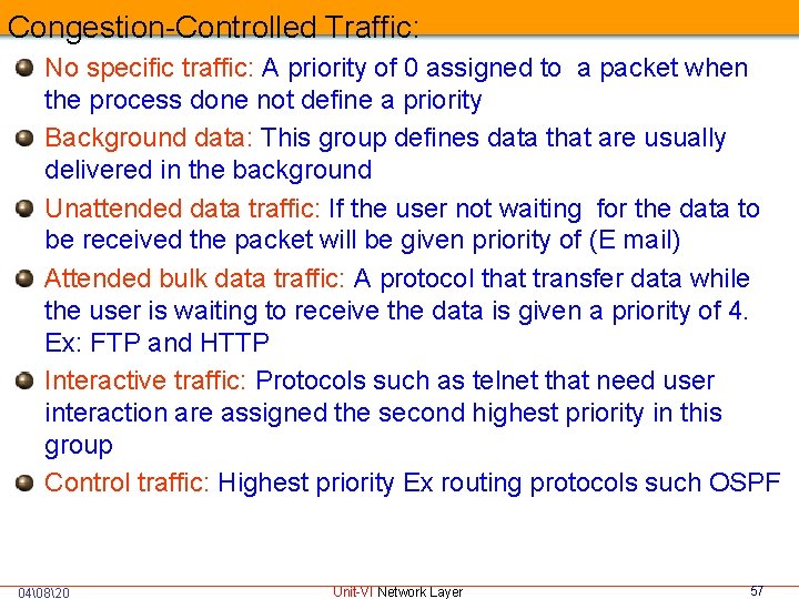 Congestion-Controlled Traffic: No specific traffic: A priority of 0 assigned to a packet when