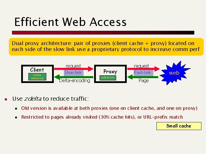 Efficient Web Access Dual proxy architecture: pair of proxies (client cache + proxy) located