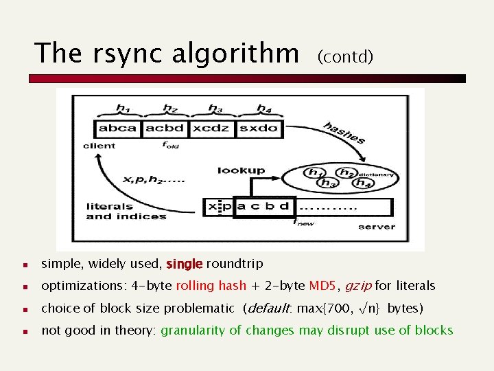 The rsync algorithm (contd) n simple, widely used, single roundtrip n optimizations: 4 -byte