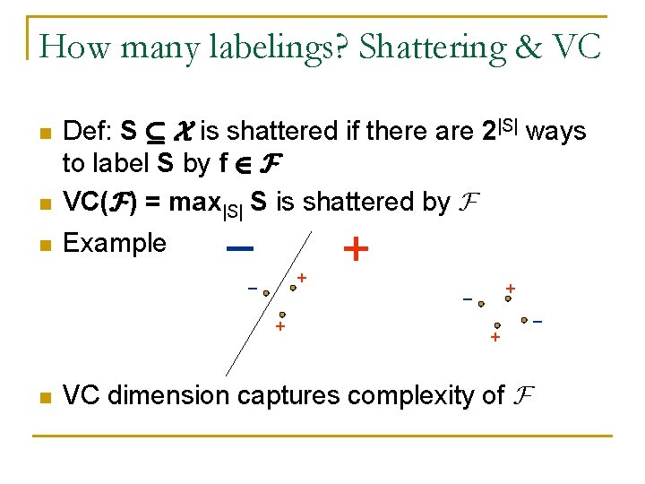 How many labelings? Shattering & VC n Def: S µ X is shattered if