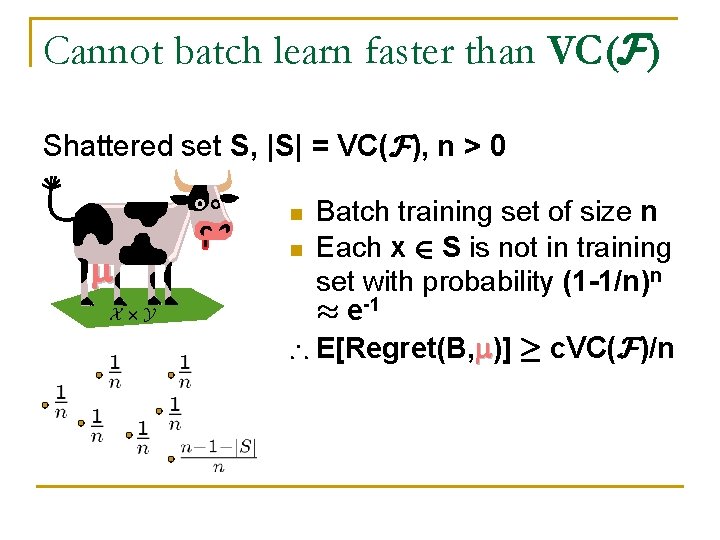 Cannot batch learn faster than VC(F) Shattered set S, |S| = VC(F), n >