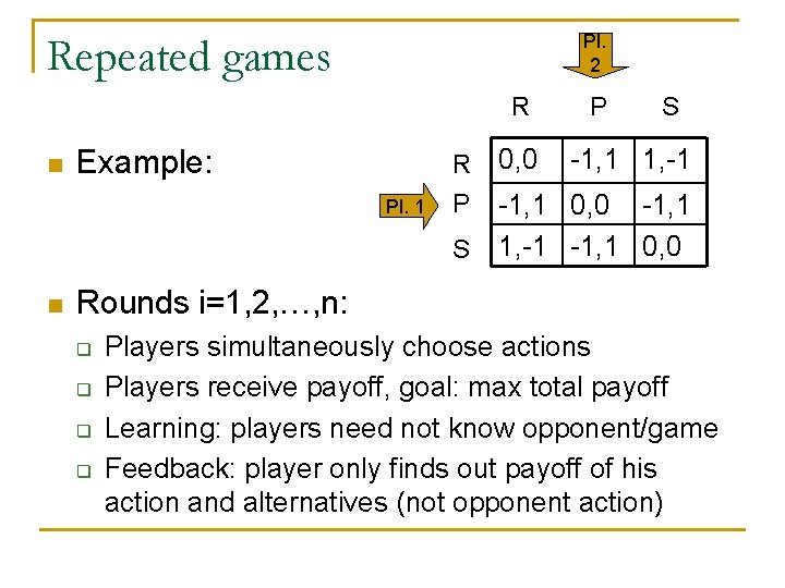 Repeated games Pl. 2 R n Example: Pl. 1 R P S n 0,