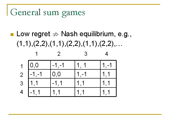 General sum games n Low regret ; Nash equilibrium, e. g. , (1, 1),