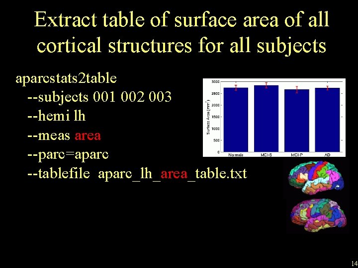 Extract table of surface area of all cortical structures for all subjects aparcstats 2