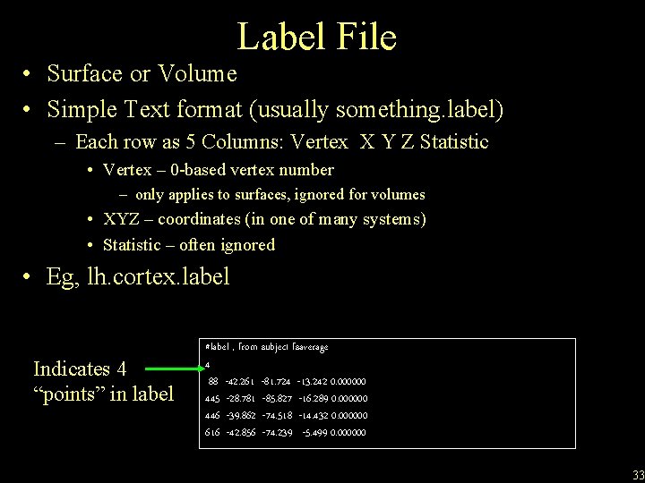 Label File • Surface or Volume • Simple Text format (usually something. label) –