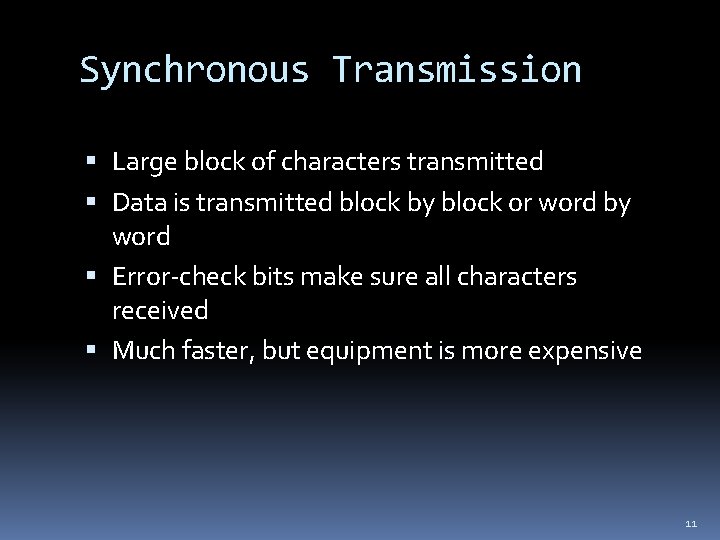 Synchronous Transmission Large block of characters transmitted Data is transmitted block by block or