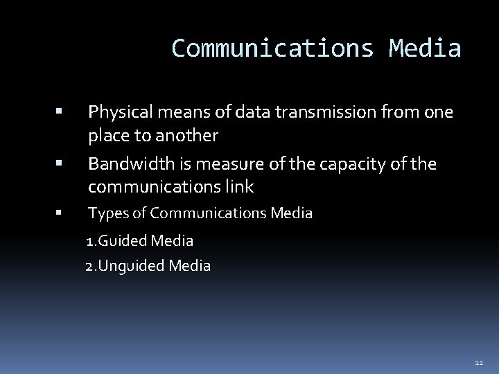 Communications Media Physical means of data transmission from one place to another Bandwidth is