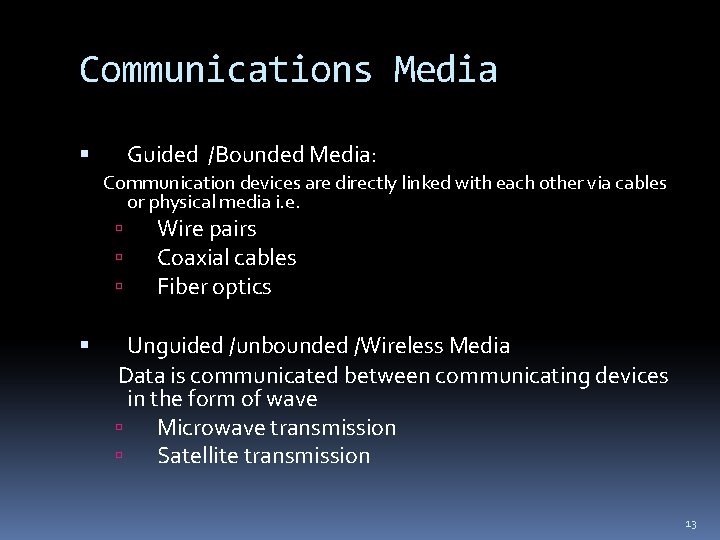 Communications Media Guided /Bounded Media: Communication devices are directly linked with each other via