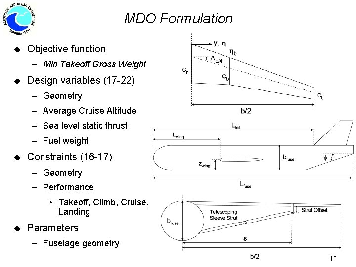 MDO Formulation u Objective function – Min Takeoff Gross Weight u Design variables (17