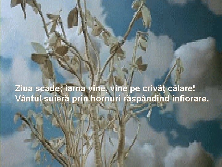 Ziua scade; iarna vine, vine pe crivăţ călare! Vântul suieră prin hornuri răspândind infiorare.