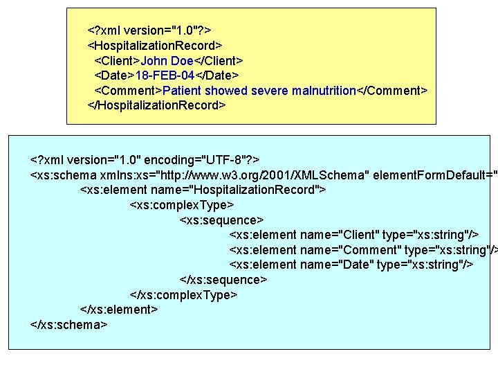 <? xml version="1. 0"? > <Hospitalization. Record> <Client>John Doe</Client> <Date>18 -FEB-04</Date> <Comment>Patient showed severe