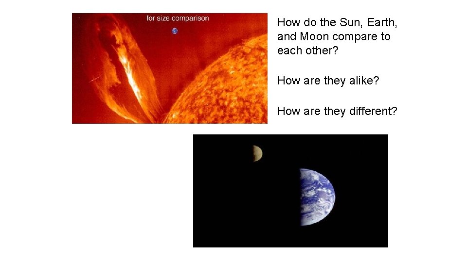 How do the Sun, Earth, and Moon compare to each other? How are they