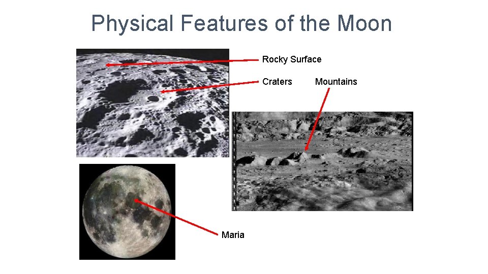 Physical Features of the Moon Rocky Surface Craters Mountains Maria 