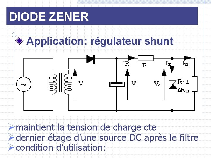 DIODE ZENER Application: régulateur shunt Ømaintient la tension de charge cte Ødernier étage d’une