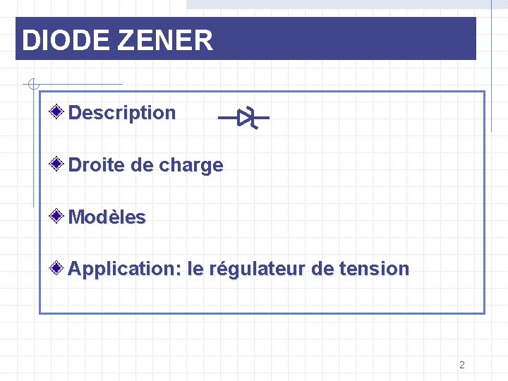 DIODE ZENER Description Droite de charge Modèles Application: le régulateur de tension 2 