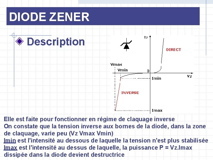 DIODE ZENER Description Elle est faite pour fonctionner en régime de claquage inverse On