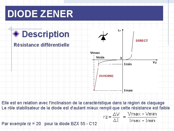 DIODE ZENER Description Résistance différentielle Elle est en relation avec l'inclinaison de la caractéristique