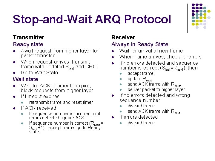 Stop-and-Wait ARQ Protocol Transmitter Ready state Await request from higher layer for packet transfer