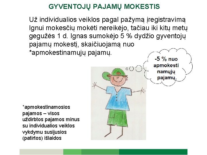 GYVENTOJŲ PAJAMŲ MOKESTIS Už individualios veiklos pagal pažymą įregistravimą Ignui mokesčių mokėti nereikėjo, tačiau