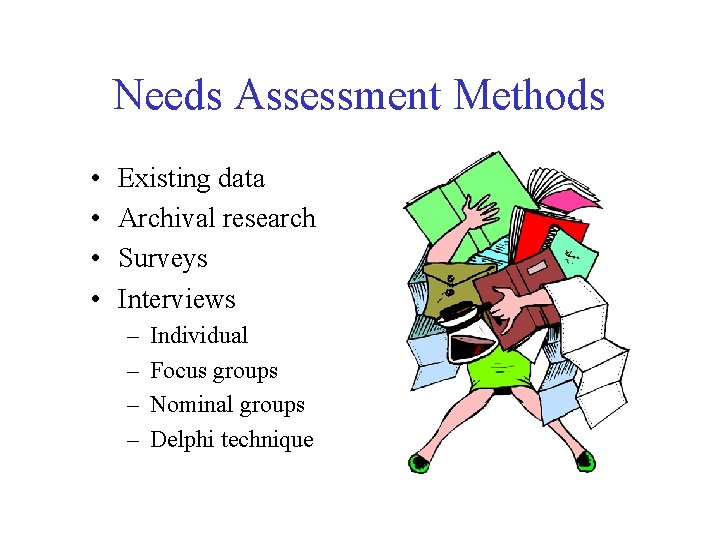 Needs Assessment Methods • • Existing data Archival research Surveys Interviews – – Individual