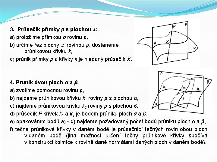 3. Průsečík přímky p s plochou : a) proložíme přímkou p rovinu ρ, b)