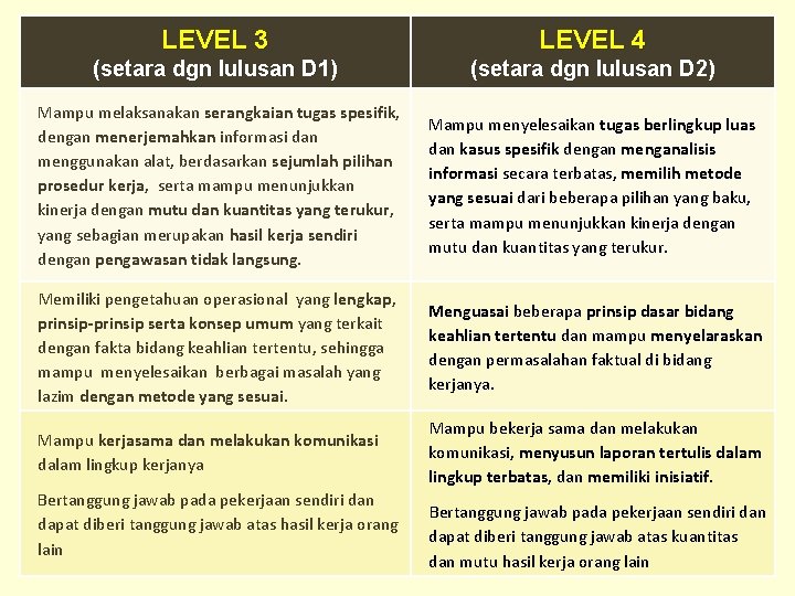 LEVEL 3 LEVEL 4 (setara dgn lulusan D 1) (setara dgn lulusan D 2) LEVEL 3 LEVEL 4 (setara dgn lulusan D 1) (setara dgn lulusan D 2)